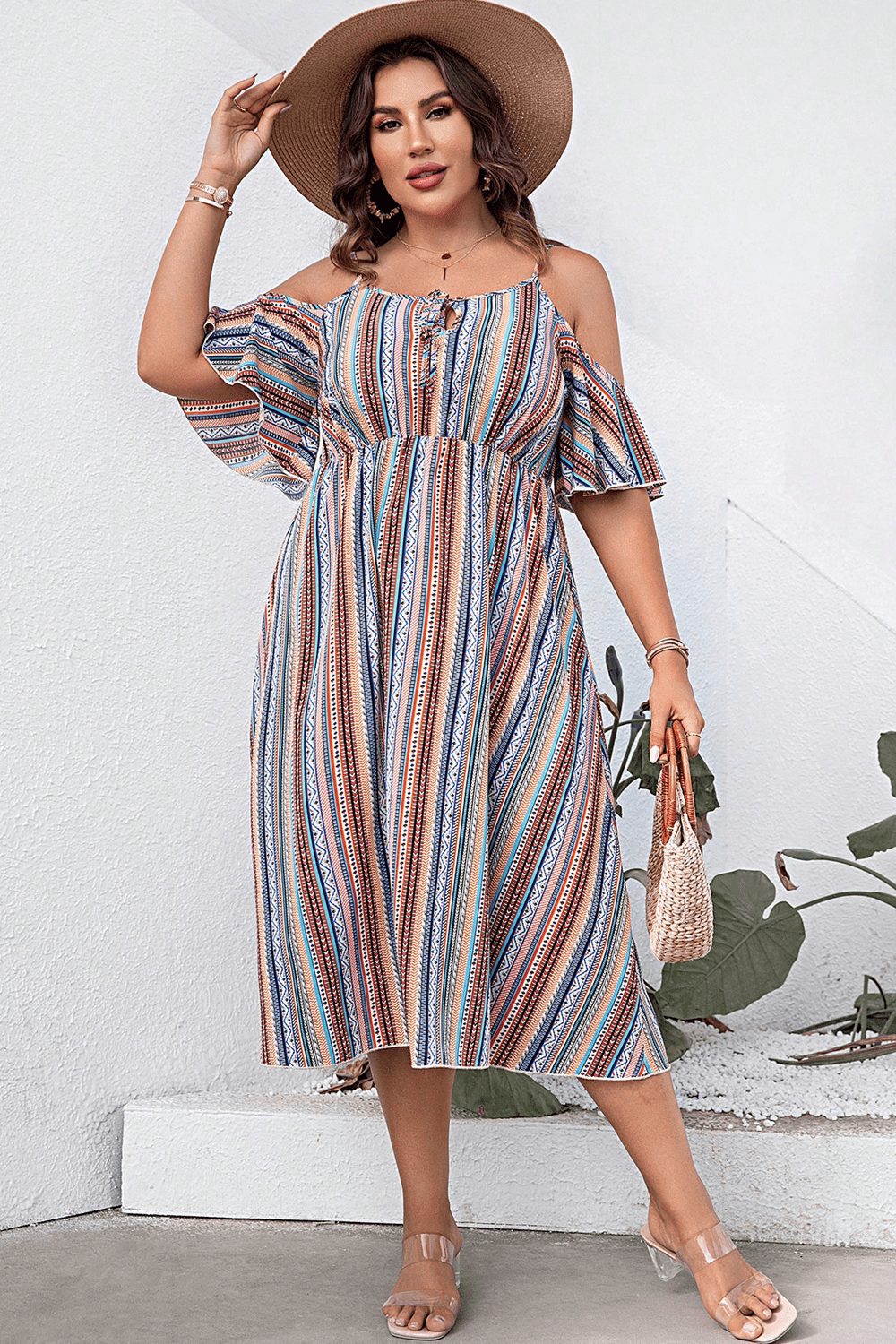 Plus Size Striped Cold - Shoulder Dress - JUST - JEN BOUTIQUE