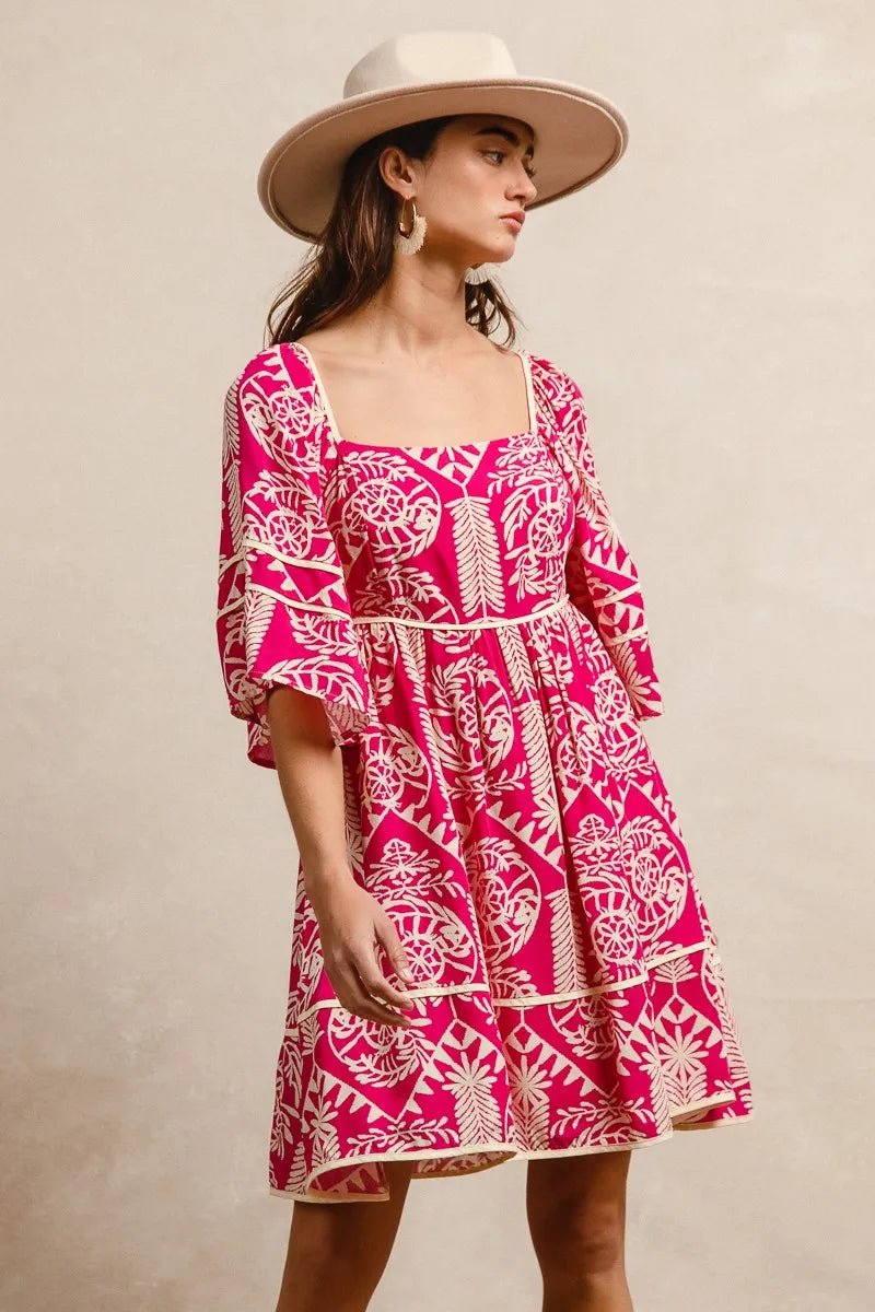 BiBi Aztec Woven Printed Contrast Binding Dress - JUST - JEN BOUTIQUE