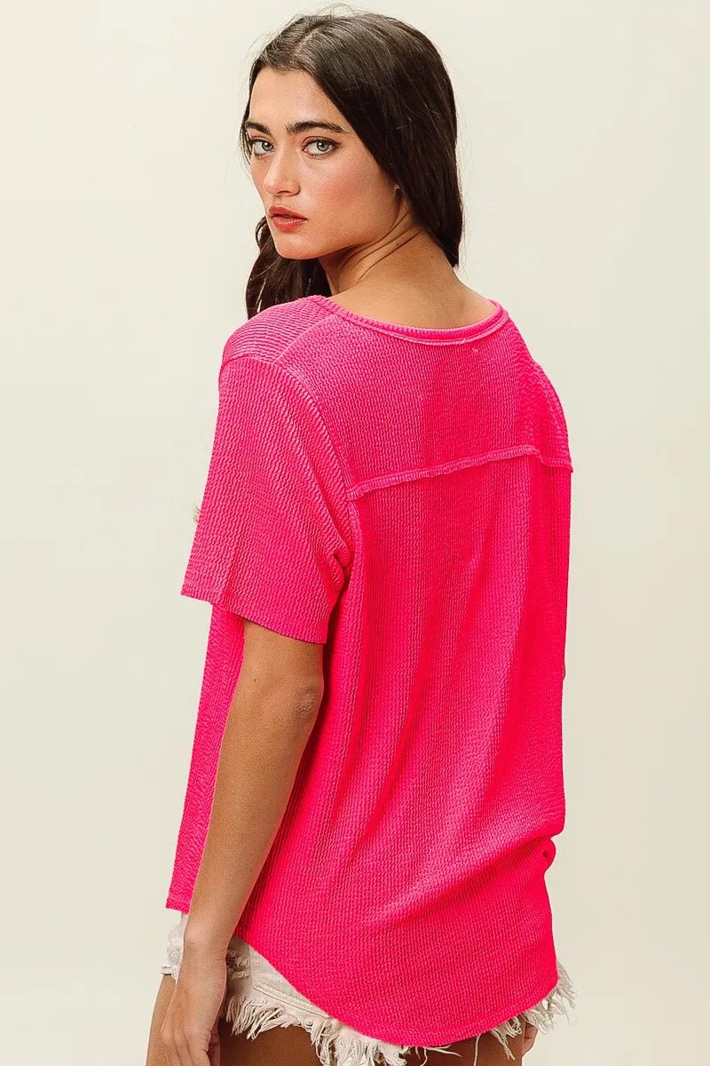 BiBi Waved Rib U Neck Top With Front Pocket - JUST - JEN BOUTIQUE
