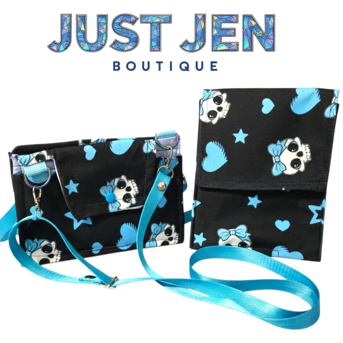Gothic Skull Cell Phone Crossbody Bag W/3 Compartments Black & Blue