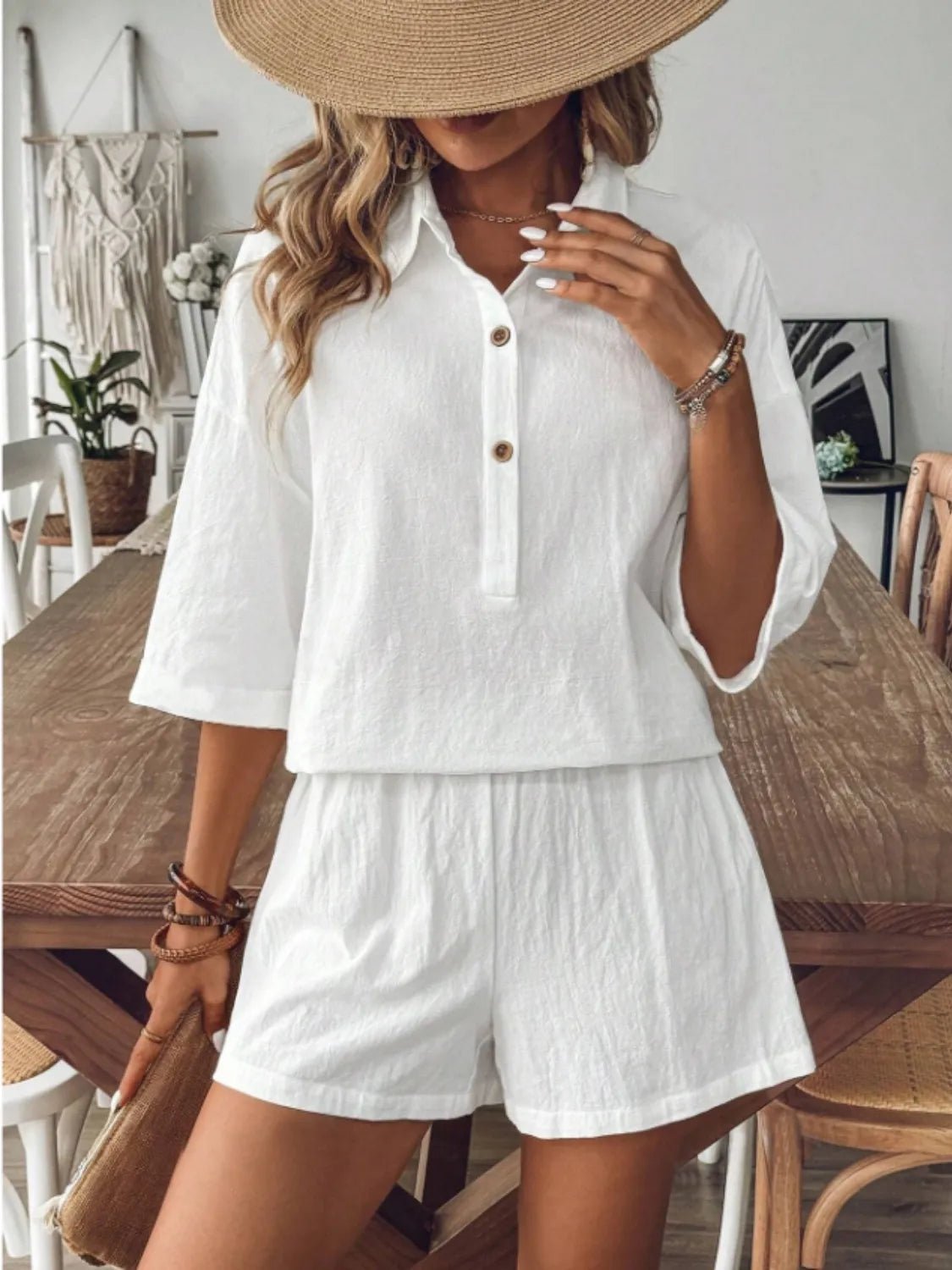 Collared Neck Half Sleeve Top and Shorts Set - JUST - JEN BOUTIQUE