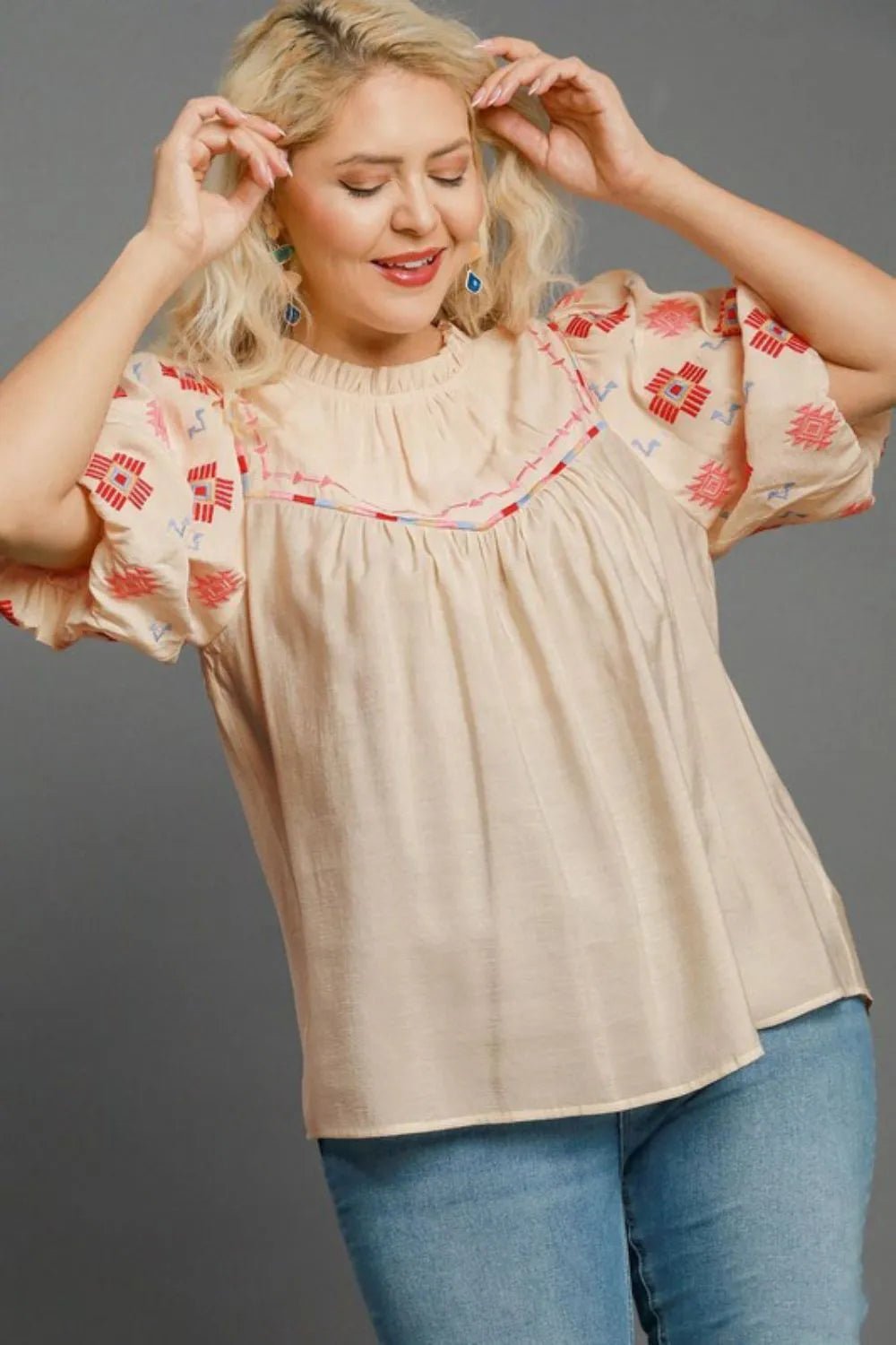 Umgee Full Size Embroidered Puff Sleeve Mock Neck Top Plus Size - JUST - JEN BOUTIQUE