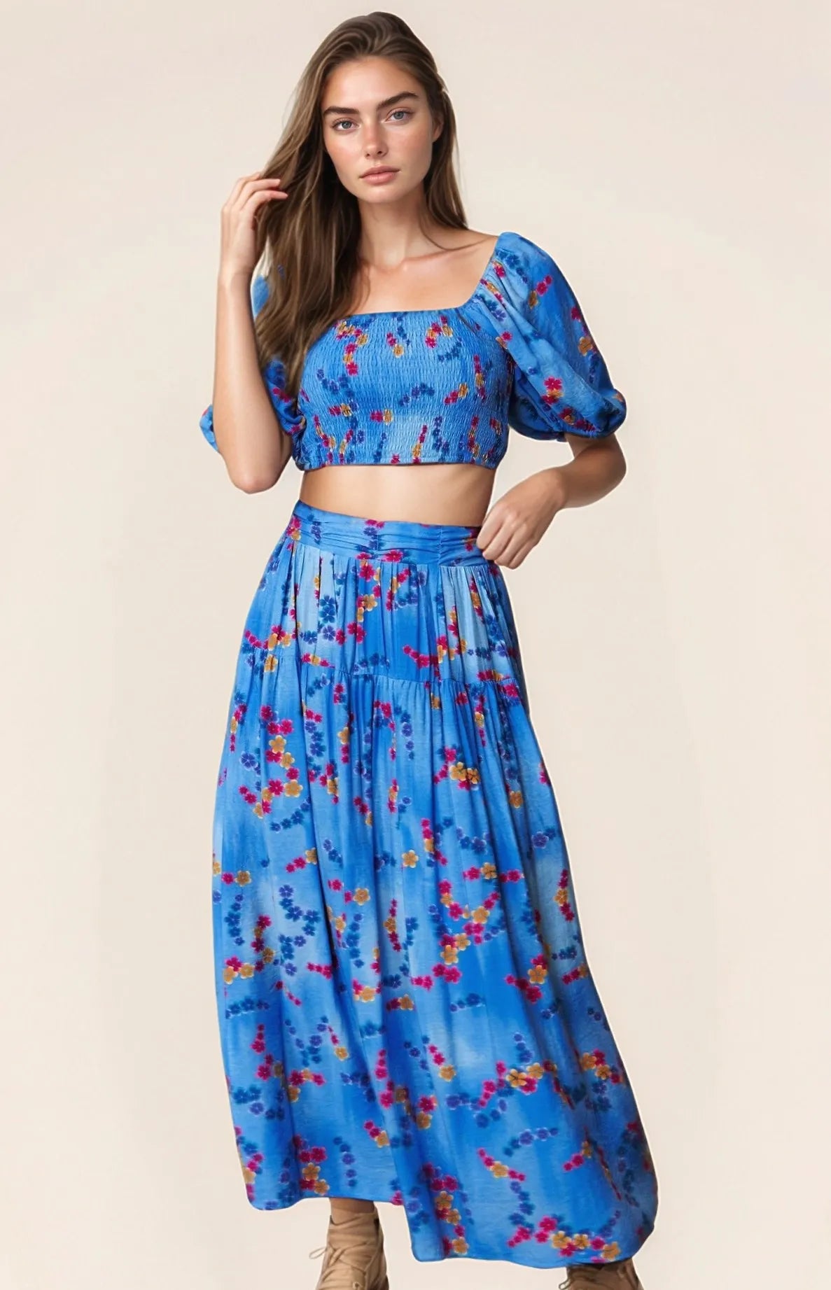 Davi & Dani Printed Smocking Waistband Ruffled Maxi Skirt - JUST - JEN BOUTIQUE