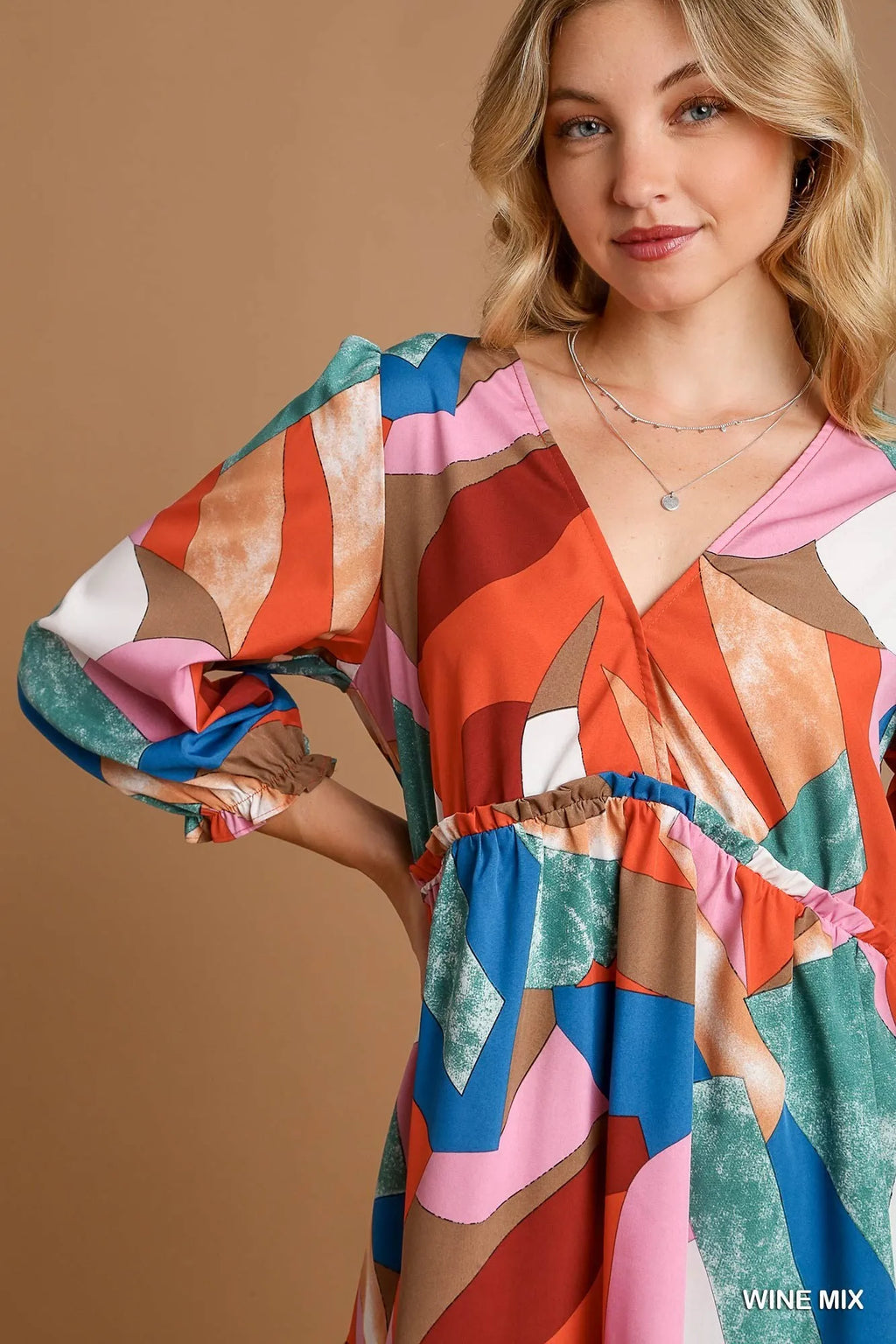 Umgee Abstract V - Neck Tiered Printed Dress - JUST - JEN BOUTIQUE