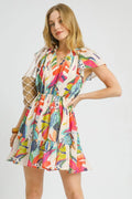 Umgee Printed Tie Neck Ruffled Hem Dress - JUST - JEN BOUTIQUE