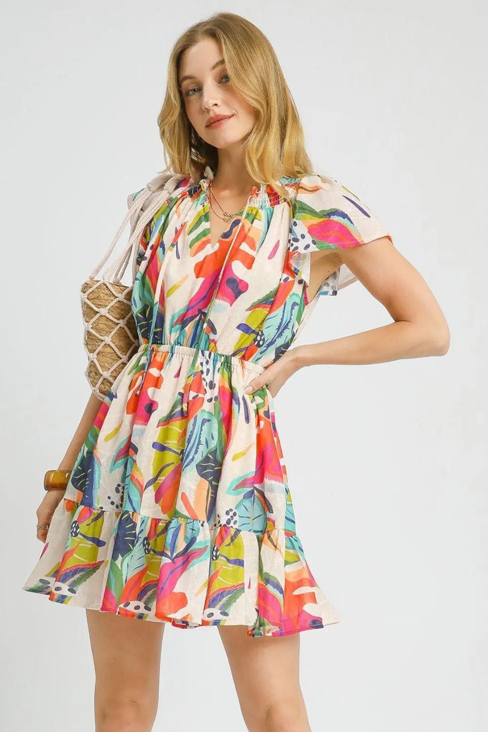 Umgee Printed Tie Neck Ruffled Hem Dress - JUST - JEN BOUTIQUE
