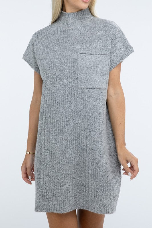 Mock Neck Short Sleeve Sweater Dress with Pocket