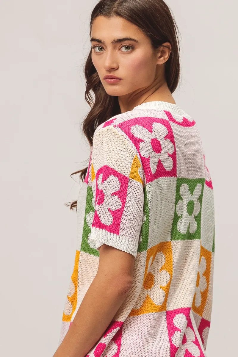 BiBi Flower Checker Pattern Lightweight Sweater Top - JUST - JEN BOUTIQUE
