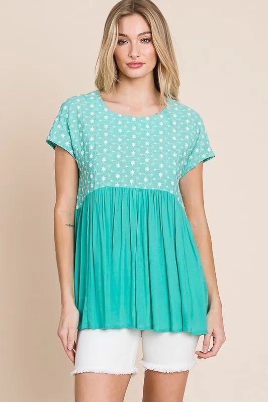 Lime 'N' Chili Full Size Embroidered Short Sleeve Pleated Babydoll Top Plus Size - JUST - JEN BOUTIQUE