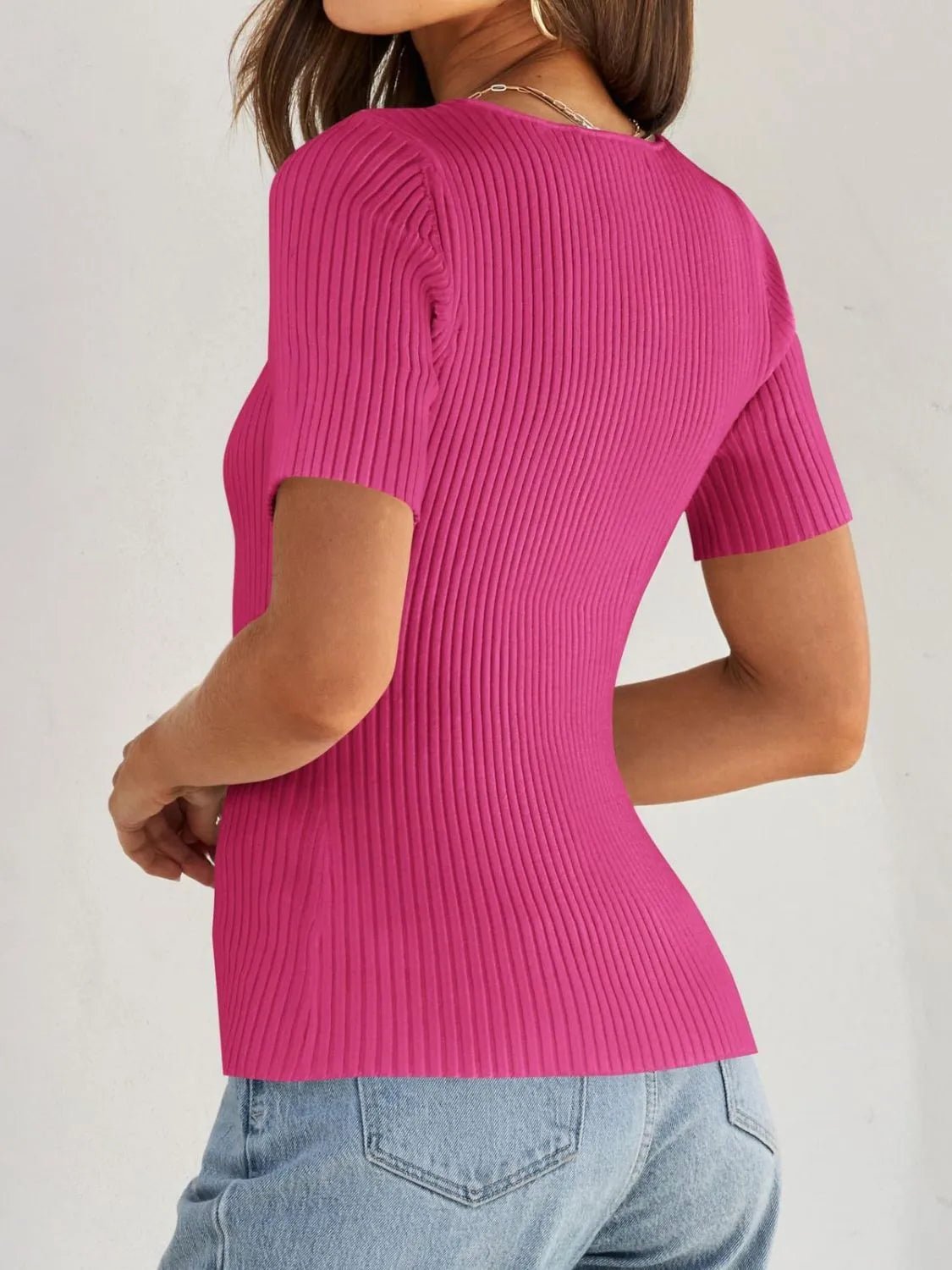 Ribbed Square Neck Short Sleeve Knit Top - JUST - JEN BOUTIQUE