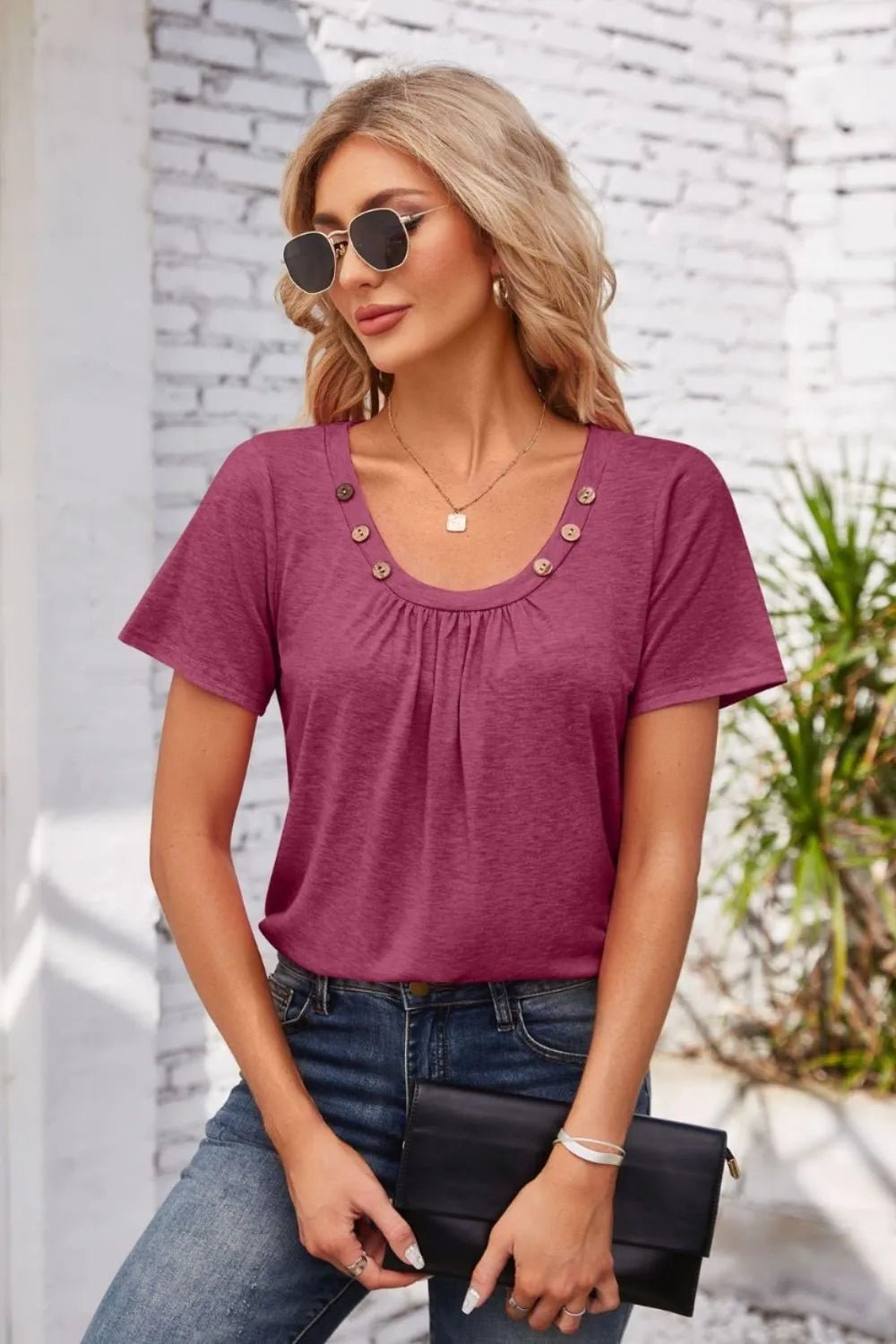 Decorative Button Scoop Neck T-Shirt - JUST - JEN BOUTIQUE