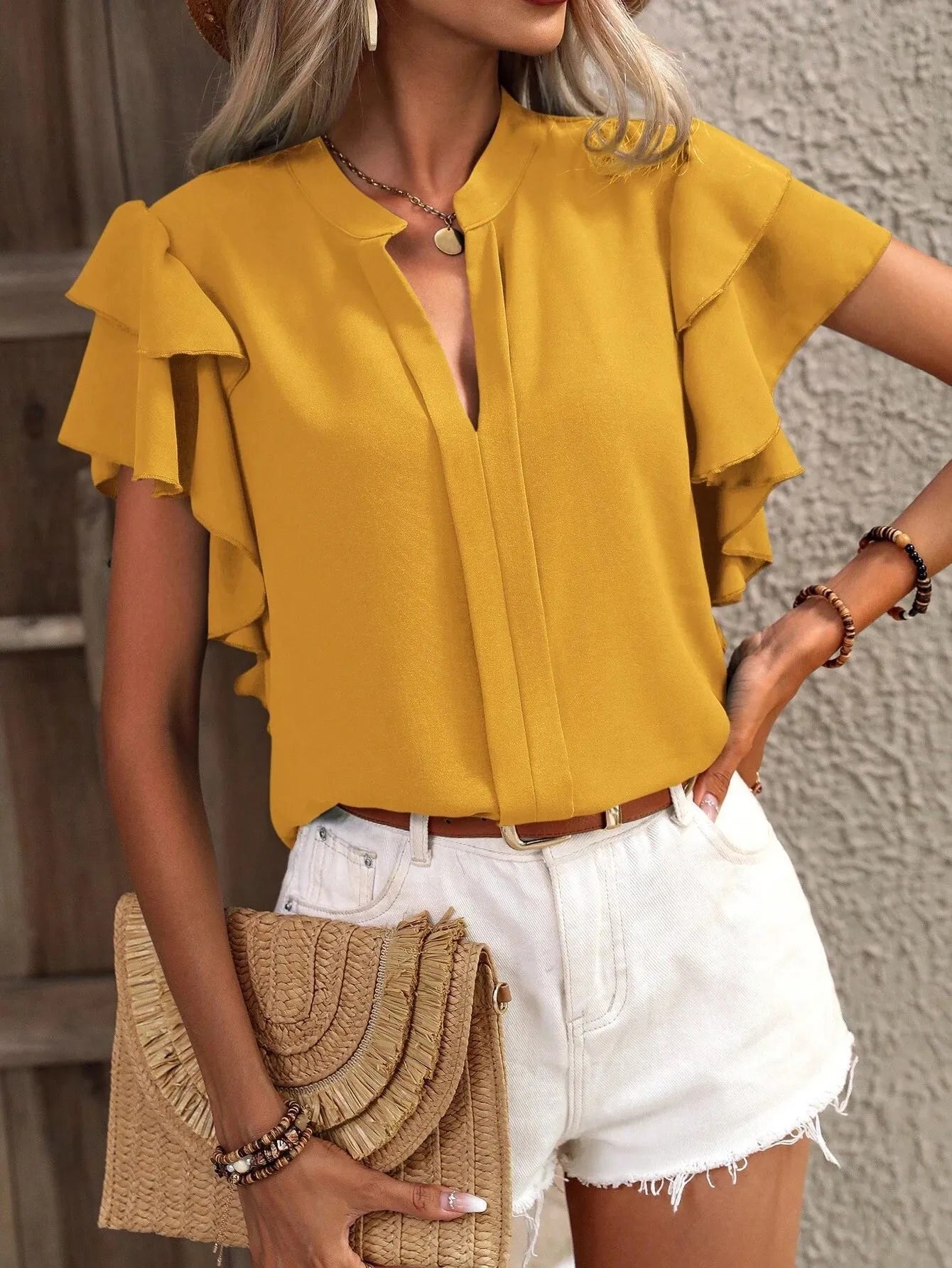 Ruffle Sleeve Notched Blouse - JUST - JEN BOUTIQUE