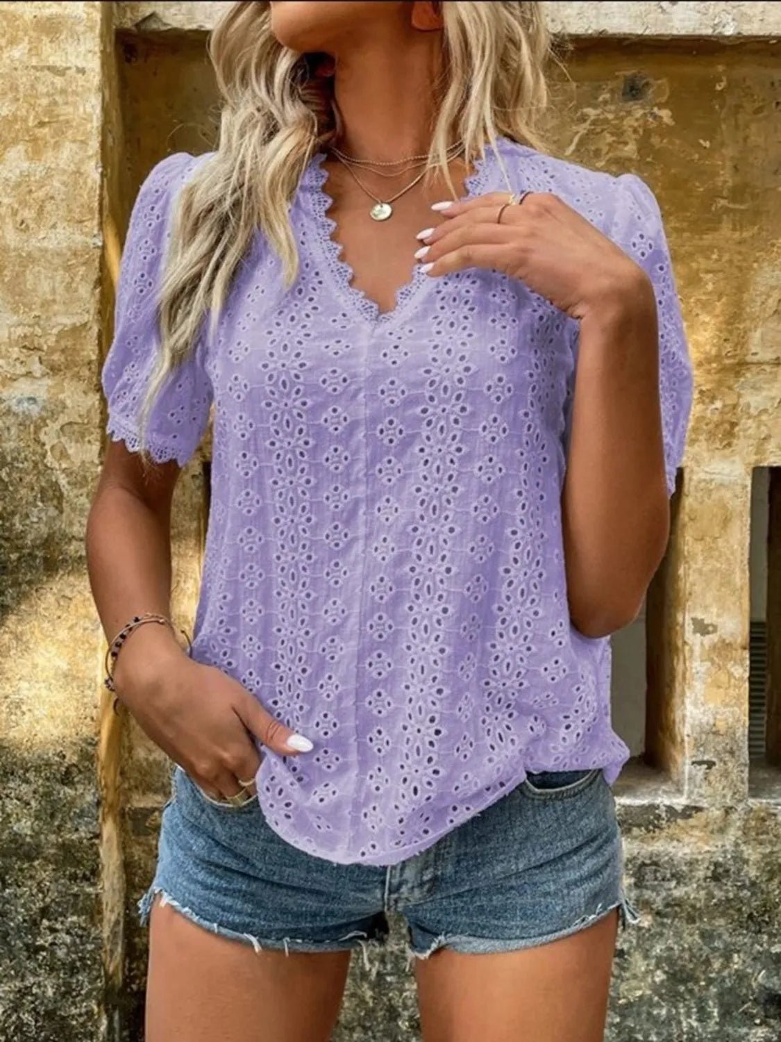 Full Size Eyelet V - Neck Short Sleeve Blouse Plus Size - JUST - JEN BOUTIQUE