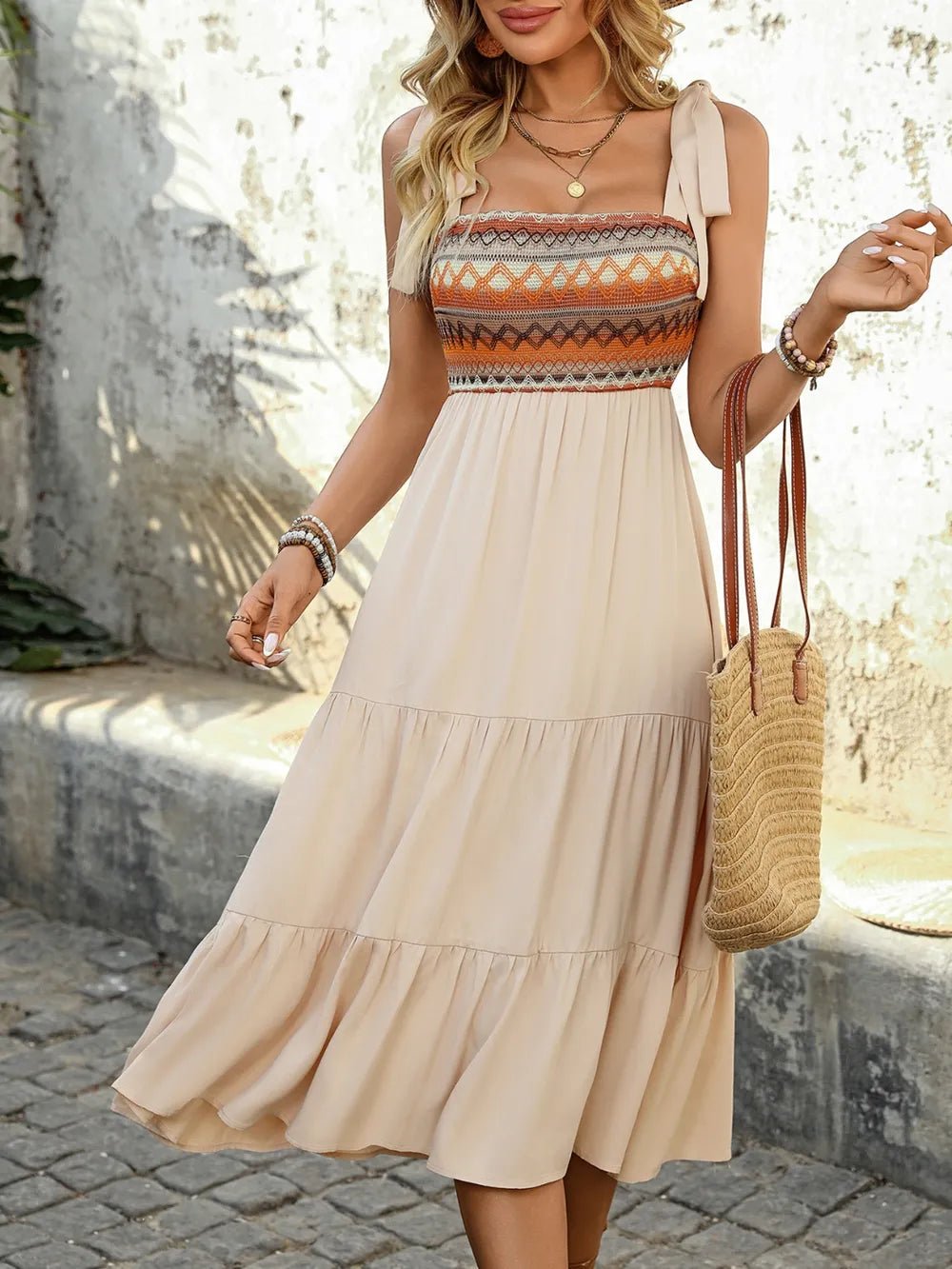 Tie Shoulder Square Neck Tiered Midi Dress - JUST - JEN BOUTIQUE