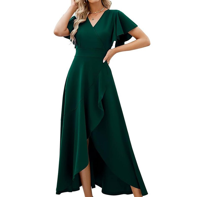 Lotus leaf sleeve V - neck elegant evening gown polyester dress - JUST - JEN BOUTIQUE