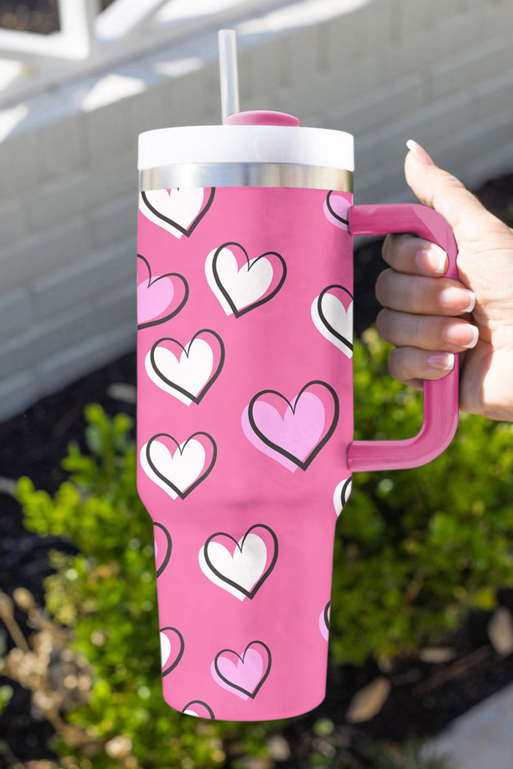 Rose Red Valentines Heart Printed Thermos Cup with Handle 1200ml