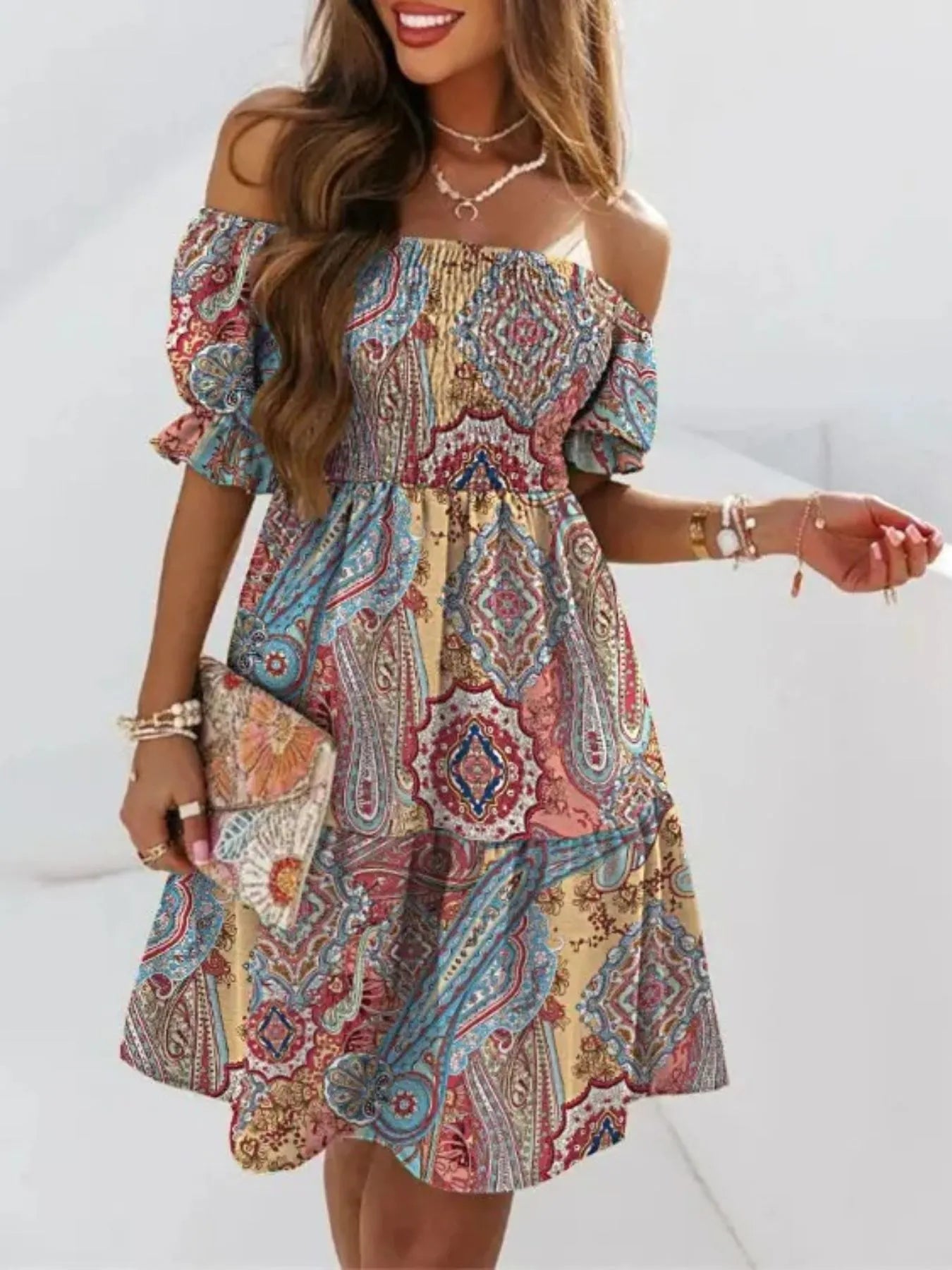 Off Shoulder Smocked Summer Dress - JUST - JEN BOUTIQUE