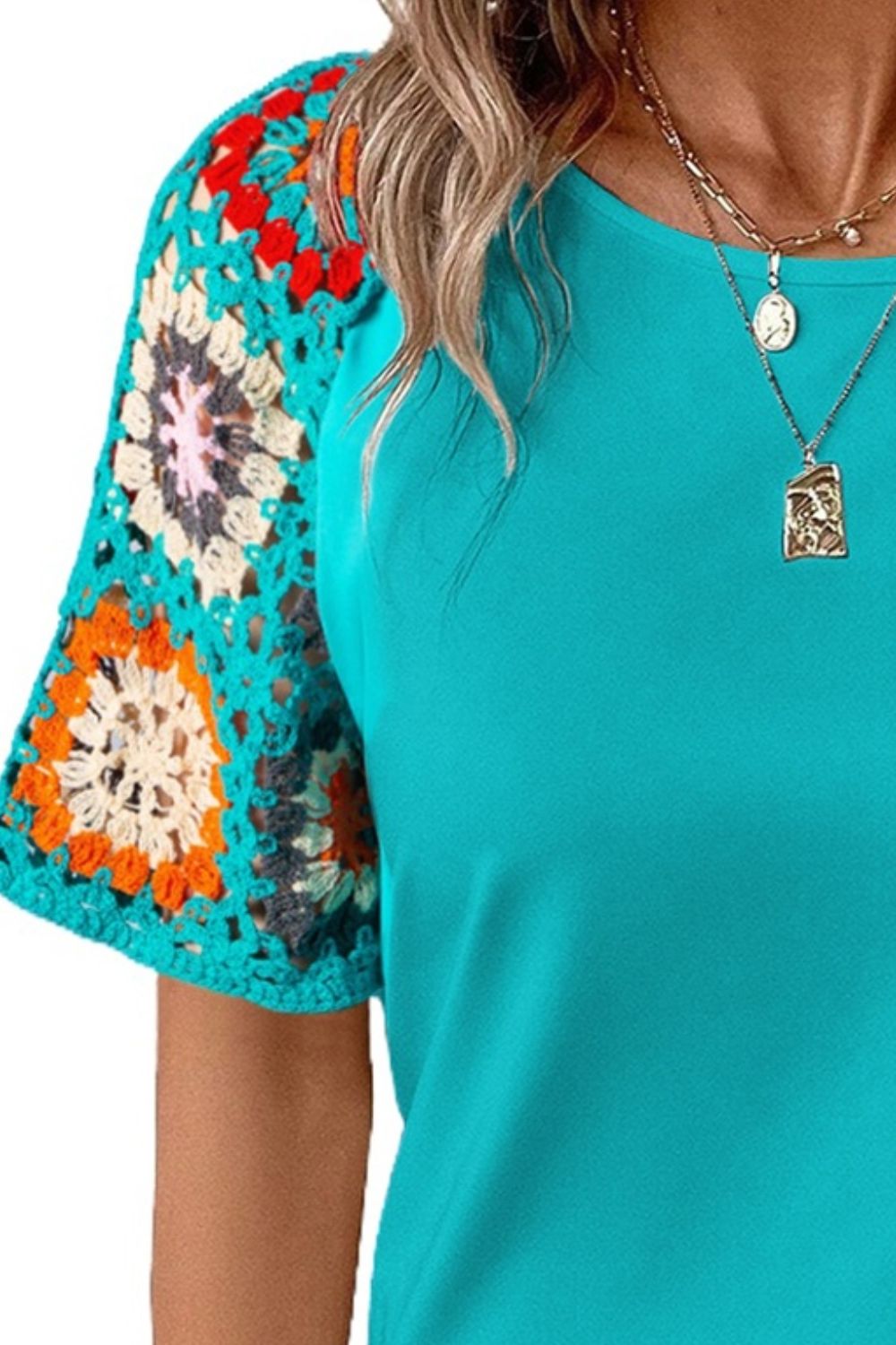 Geometric Round Neck Short Sleeve Blouse