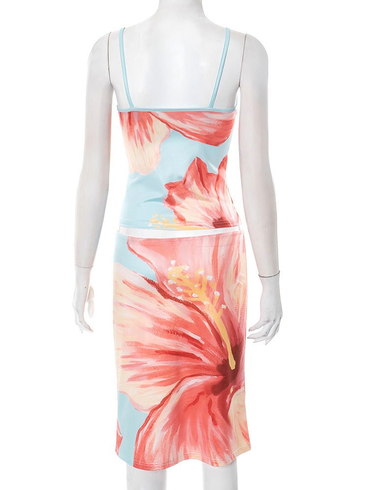 European and American women's slim fit sleeveless camisole vest mid length skirt set