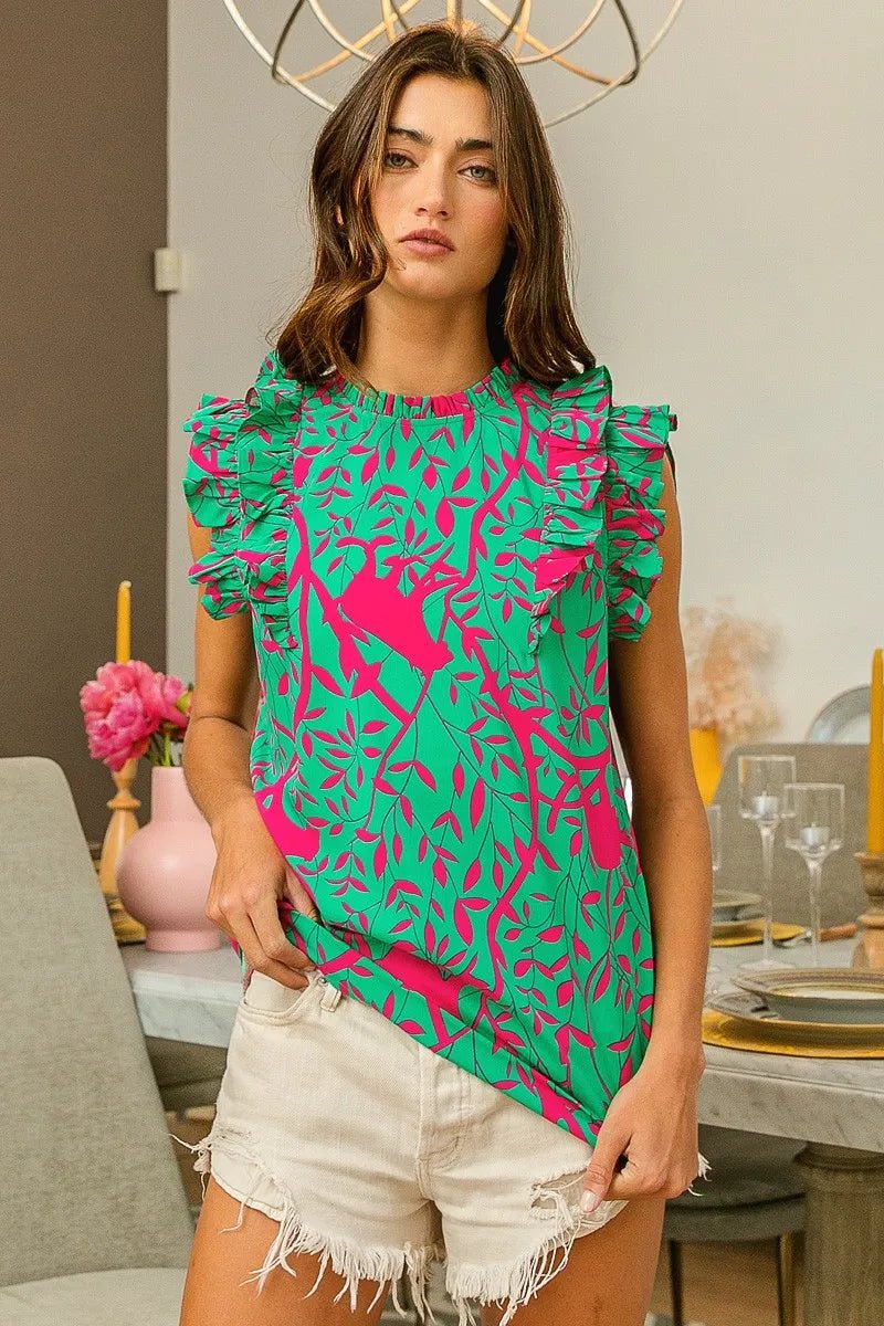 BiBi Leopard Leaves Print Woven Top - JUST - JEN BOUTIQUE