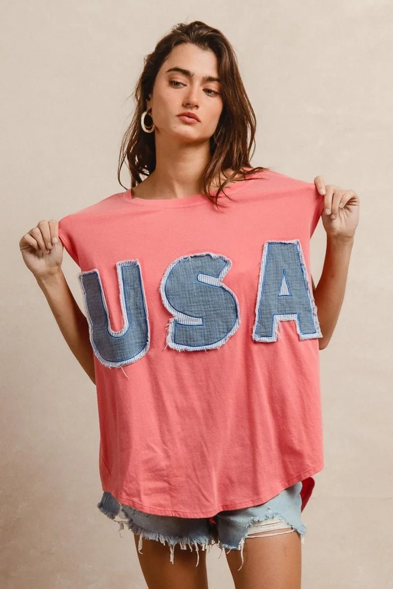 BiBi Washed Jersey With Usa Patched Raw Cut Edge Detail - JUST - JEN BOUTIQUE