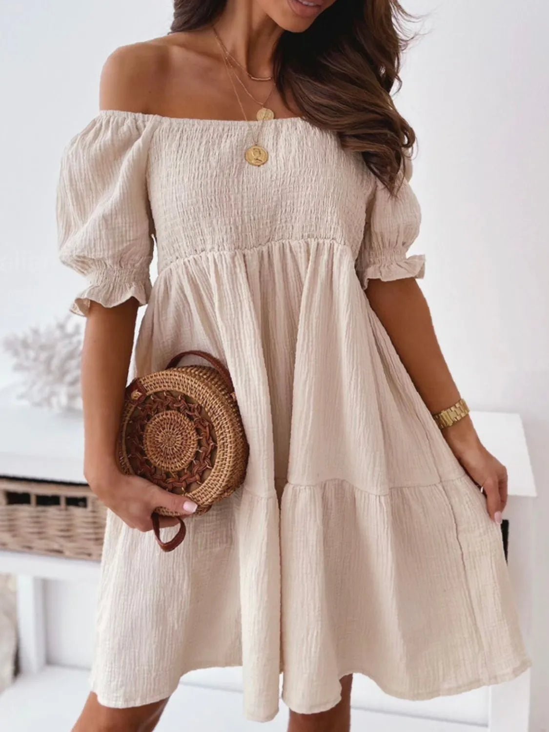 Smocked Off - Shoulder Mini Dress - JUST - JEN BOUTIQUE
