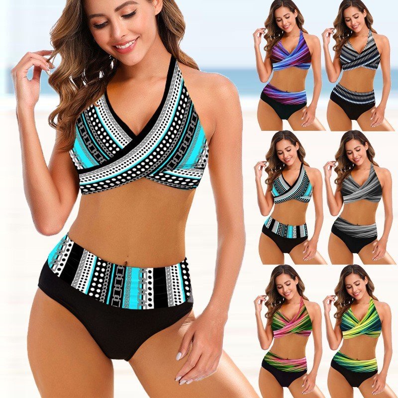 European And American Ladies Split Bikini Striped Tie - dye Hollow Bikini Swimsuit - JUST - JEN BOUTIQUE