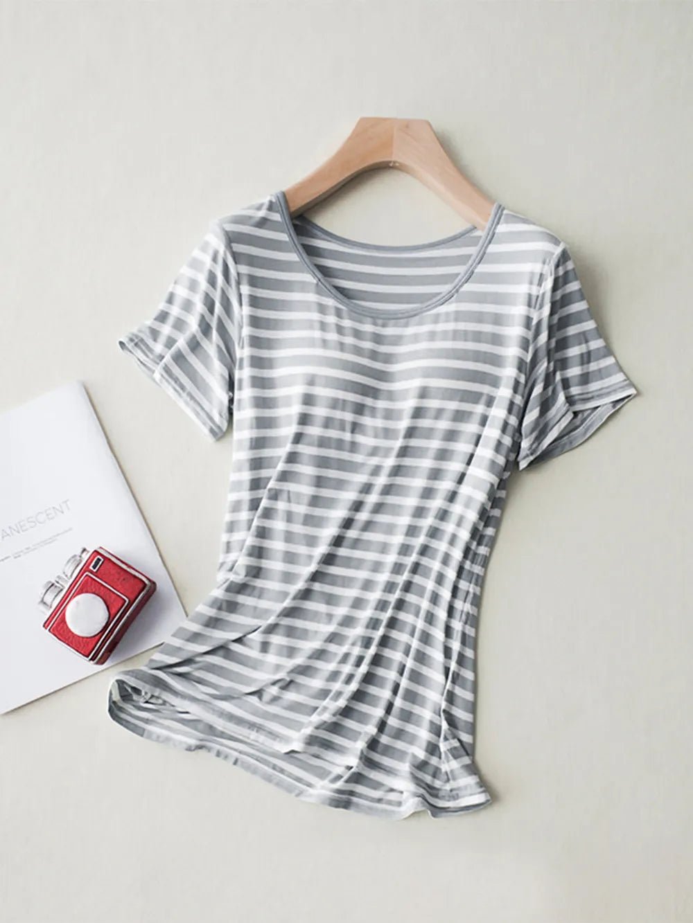 Striped Round Neck Short Sleeve T-Shirt with Bra - JUST - JEN BOUTIQUE