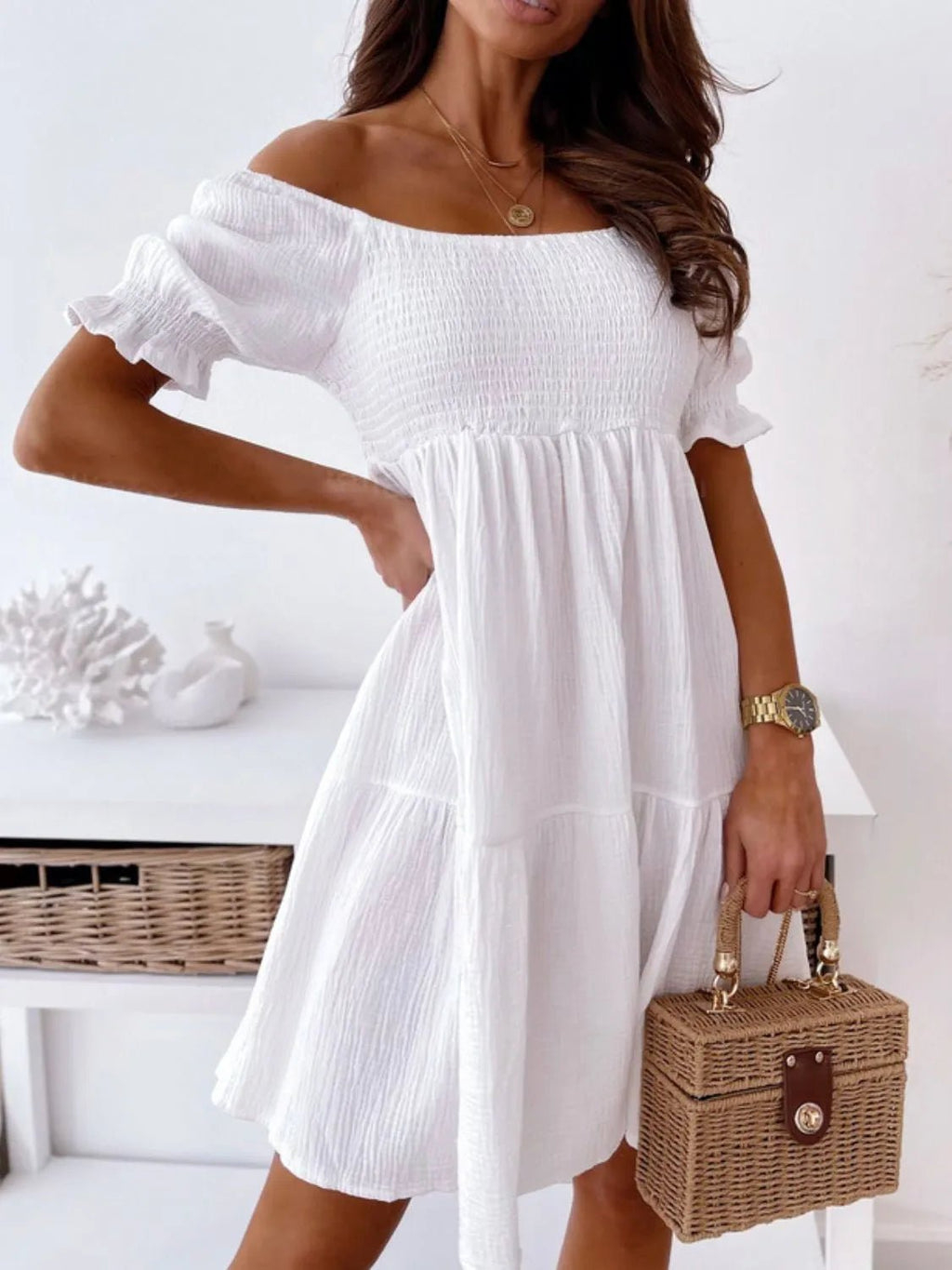 Smocked Off - Shoulder Mini Dress - JUST - JEN BOUTIQUE