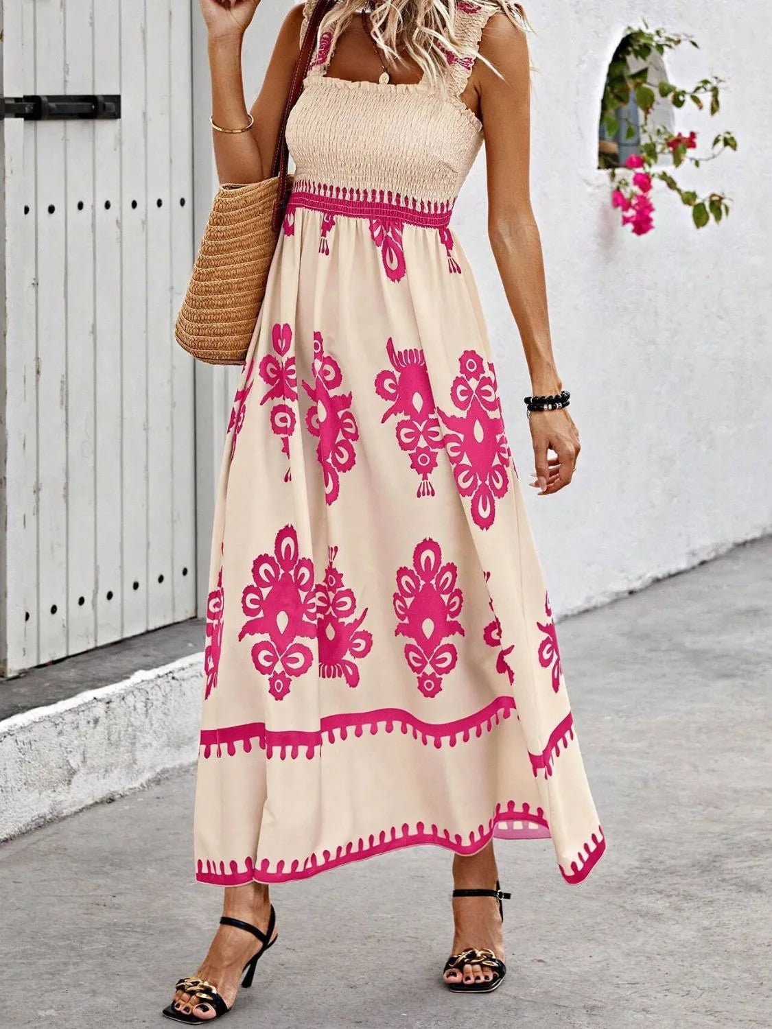 Smocked Printed Wide Strap Maxi Dress - JUST - JEN BOUTIQUE