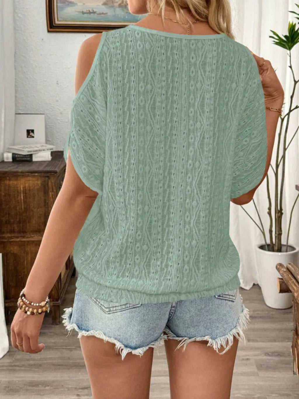 Eyelet Cold Shoulder Round Neck Blouse - JUST - JEN BOUTIQUE