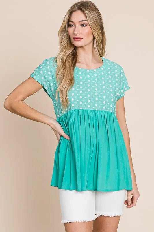 Lime 'N' Chili Full Size Embroidered Short Sleeve Pleated Babydoll Top Plus Size - JUST - JEN BOUTIQUE