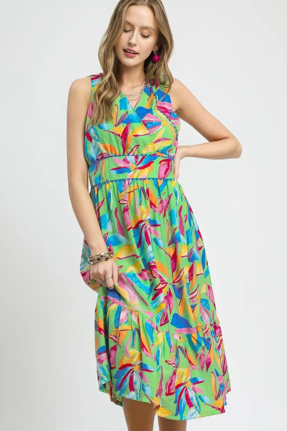 Umgee Ruffled Hem Printed Sleeveless Midi Dress - JUST - JEN BOUTIQUE