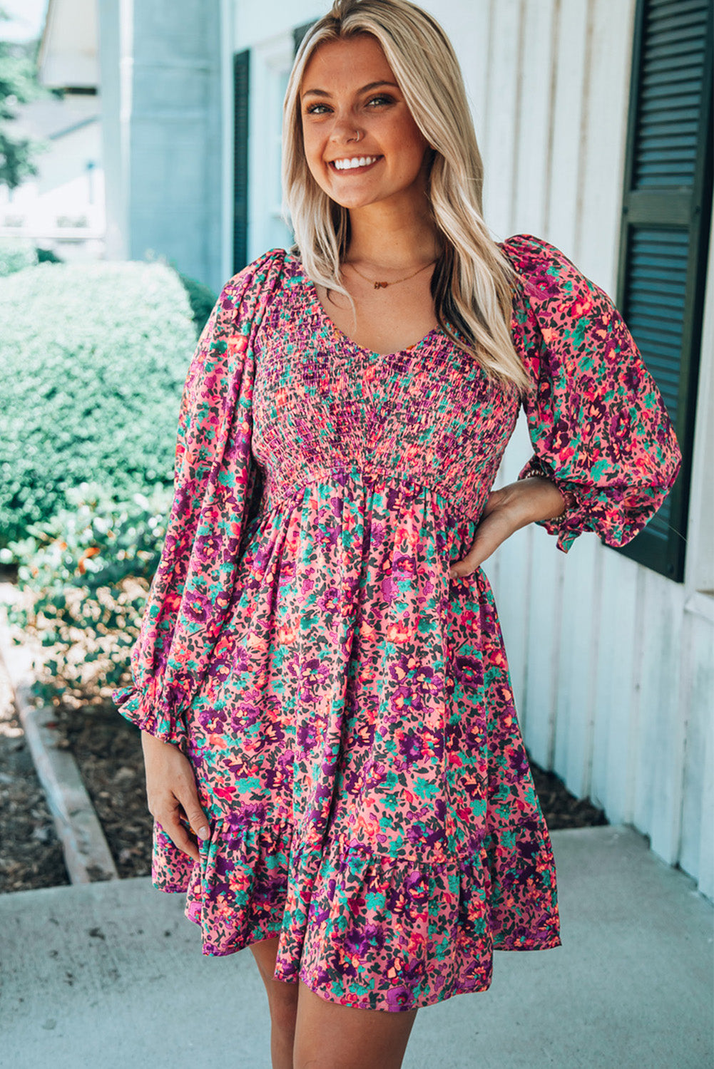 Purple Smocked V Neck Puffy Sleeve Floral Dress