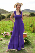 Davi & Dani Smocked Bodice Strap Ruffle Tie Belt Jumpsuit - JUST - JEN BOUTIQUE