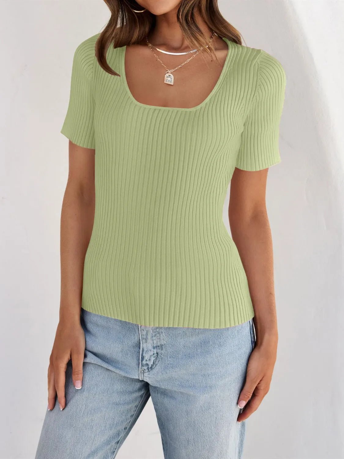Ribbed Square Neck Short Sleeve Knit Top - JUST - JEN BOUTIQUE