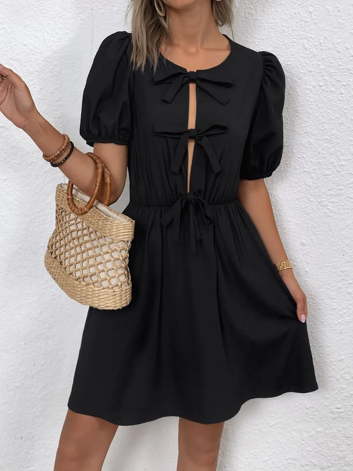 Tie Front Puff Sleeve Mini Dress - JUST - JEN BOUTIQUE