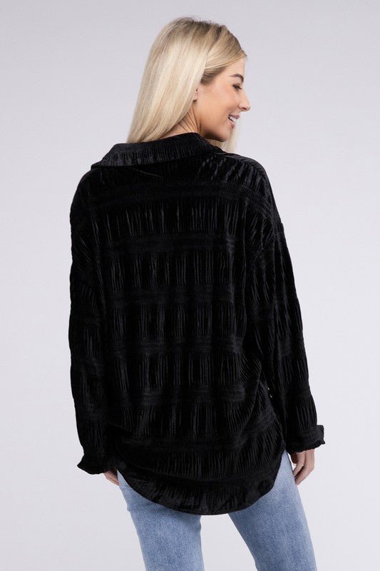 Wrinkle Effect Tiered Shirring Velvet Shirt - JUST - JEN BOUTIQUE