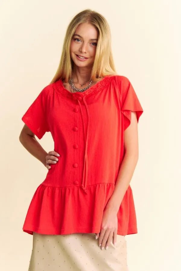 Davi & Dani Solid Lace Trim Neck Short Sleeve Peplum Top - JUST - JEN BOUTIQUE