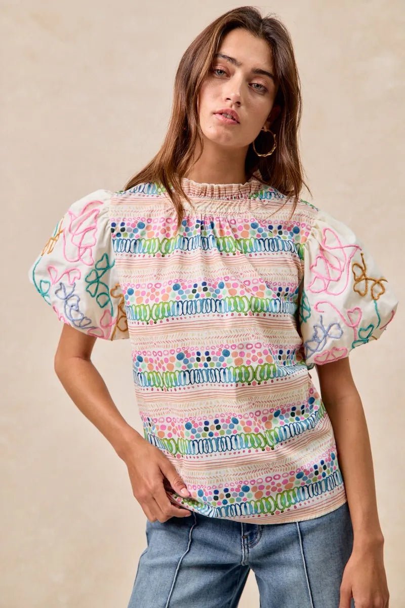 BiBi Ruffle Neckline Blouse With Embroidery Bubble Sleeve - JUST - JEN BOUTIQUE