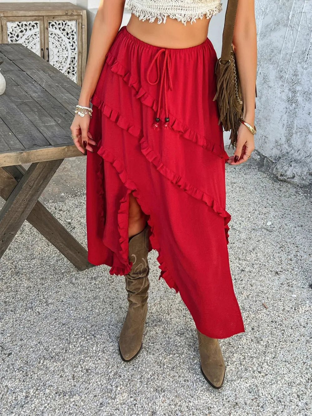 Devine Slit Drawstring Ruffled Skirt - JUST - JEN BOUTIQUE