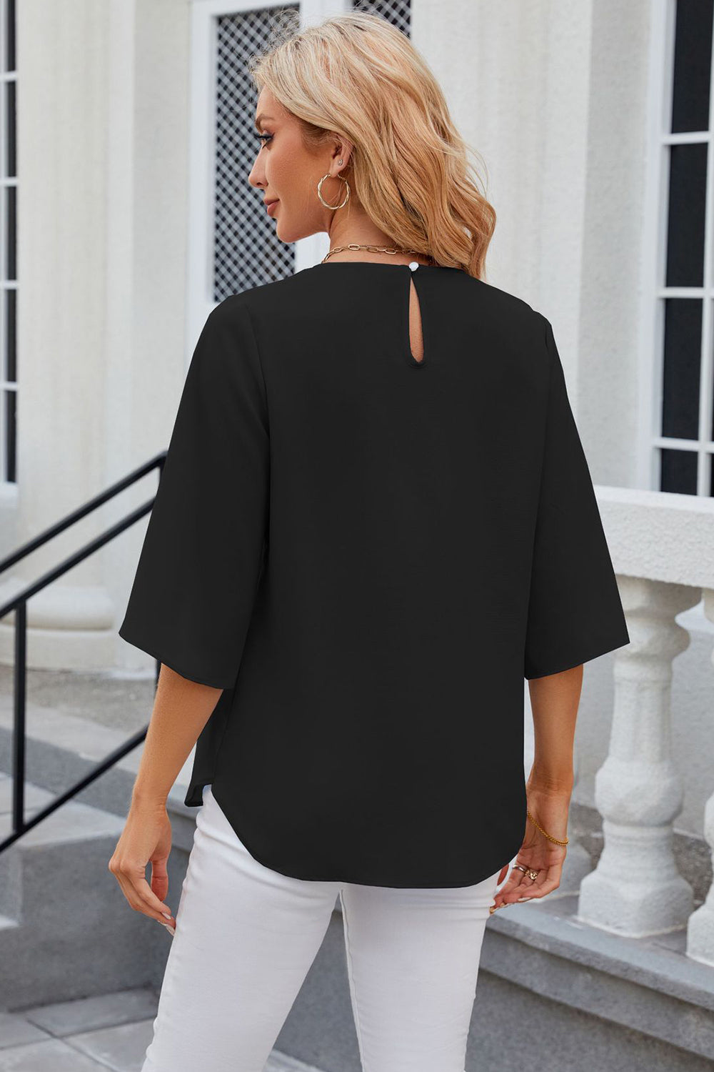 Round Neck Slit Half Sleeve Top