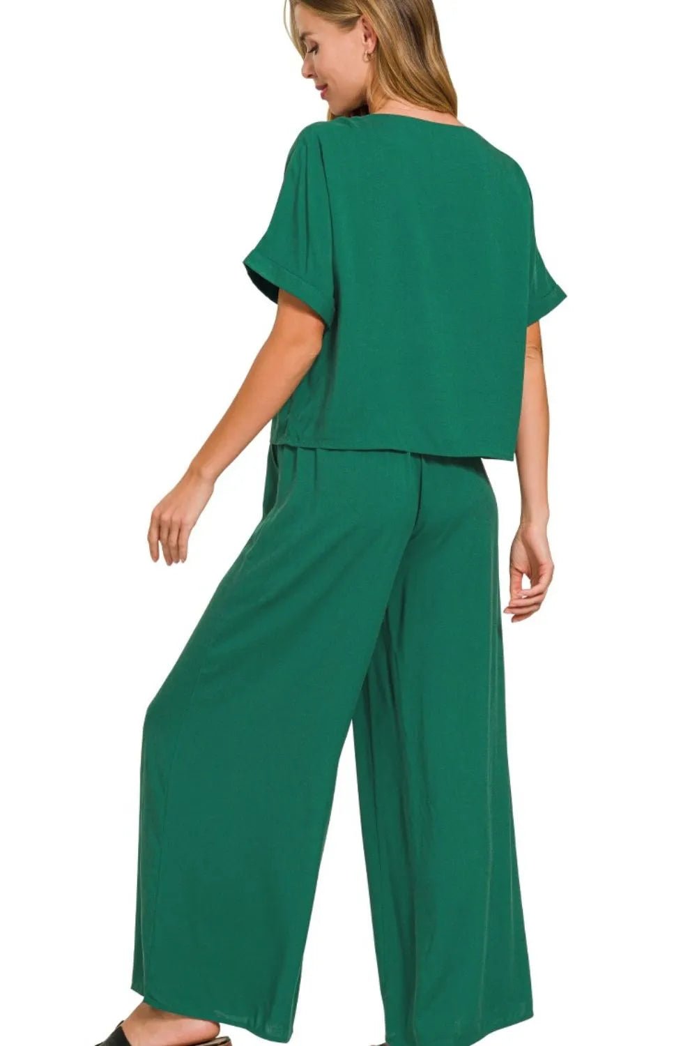 Zenana Round Neck T-Shirt and Wide Leg Pants Set - JUST - JEN BOUTIQUE