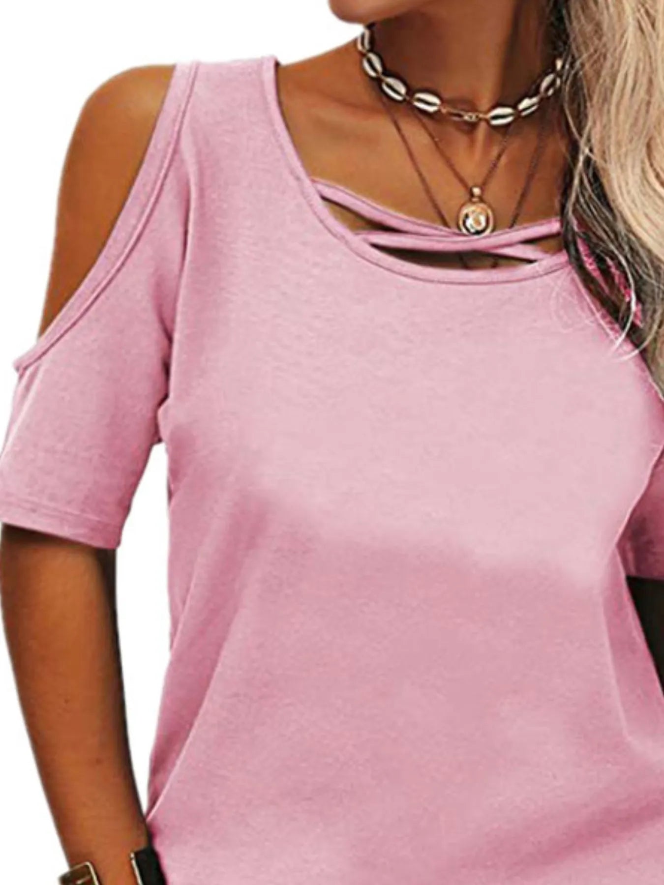 Full Size Crisscross Cold Shoulder Casual T-Shirt Plus Size - JUST - JEN BOUTIQUE