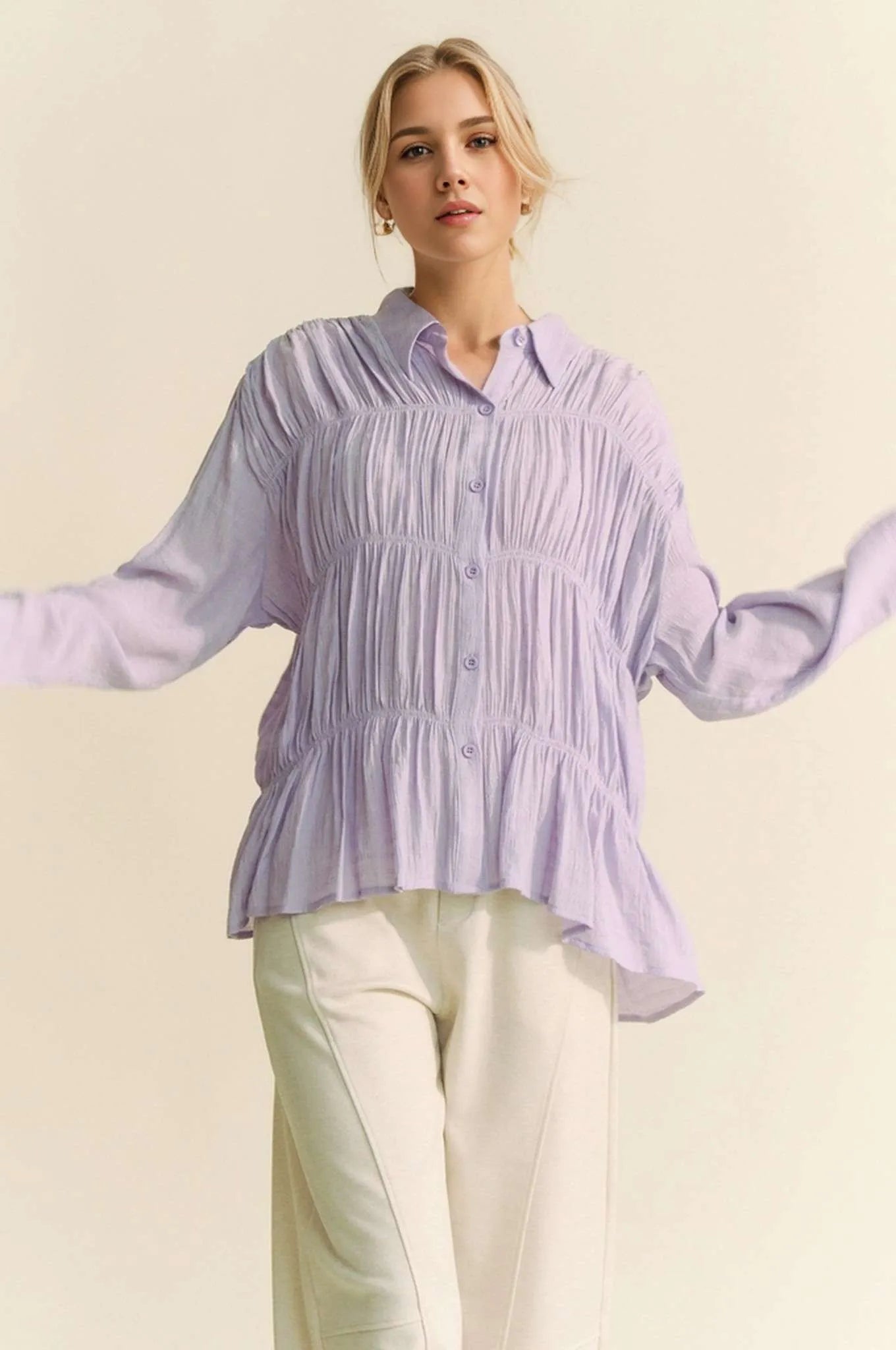 Davi & Dani Ruched All Over Button Front Shirt - JUST - JEN BOUTIQUE