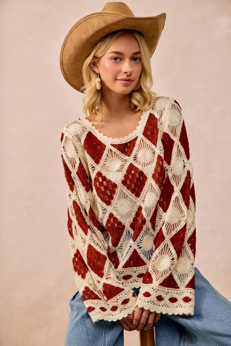 BiBi Diamond Crochet Knit Top - JUST - JEN BOUTIQUE