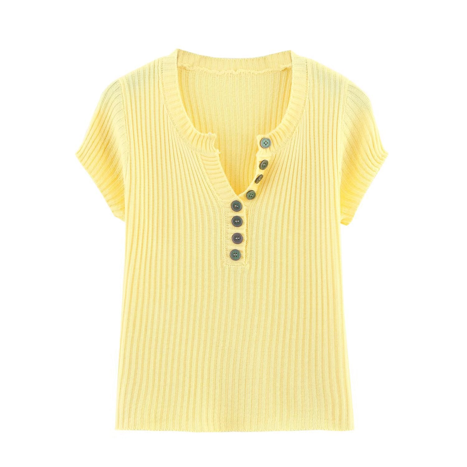 V - neck short sleeved button knit T-shirt top for women - JUST - JEN BOUTIQUE