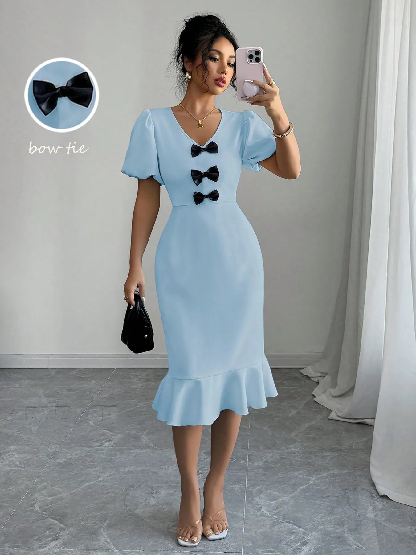 Bow Detail Puff Sleeve Midi Dress - JUST - JEN BOUTIQUE