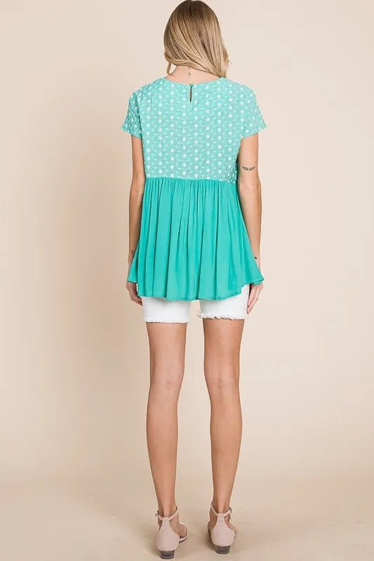 Lime 'N' Chili Full Size Embroidered Short Sleeve Pleated Babydoll Top Plus Size - JUST - JEN BOUTIQUE