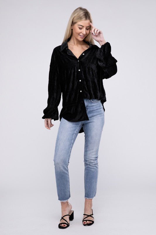 Wrinkle Effect Tiered Shirring Velvet Shirt - JUST - JEN BOUTIQUE